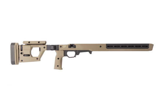 Magpul flat dark earth PRO 700 rifle chassis features adjustable comb and length of pull on the folding stock.